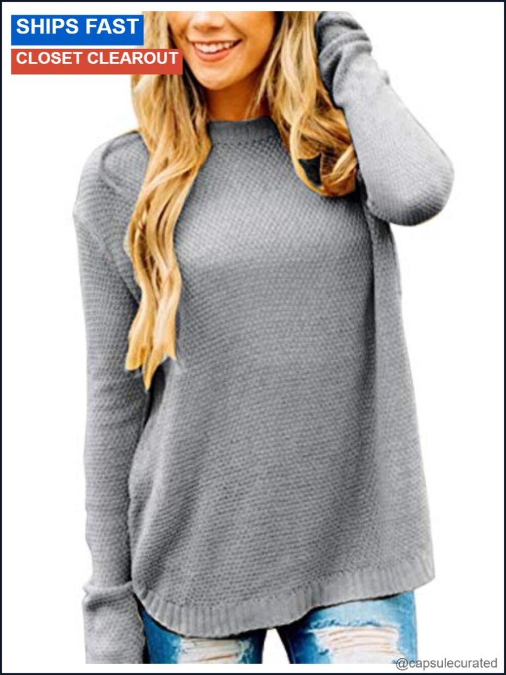 Women's Cozy Knit Pullover Sweater Crew Neck Ribbed Trim Curved Hem Loose Fit